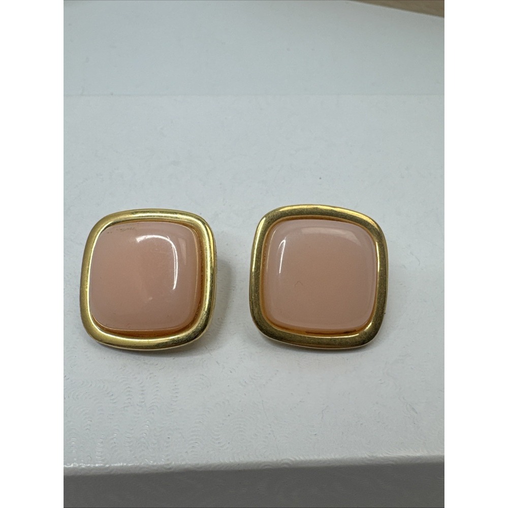Signed Trifari Cabochon Clip On 1" Earrings Pink Gold Tone Square Faux Coral